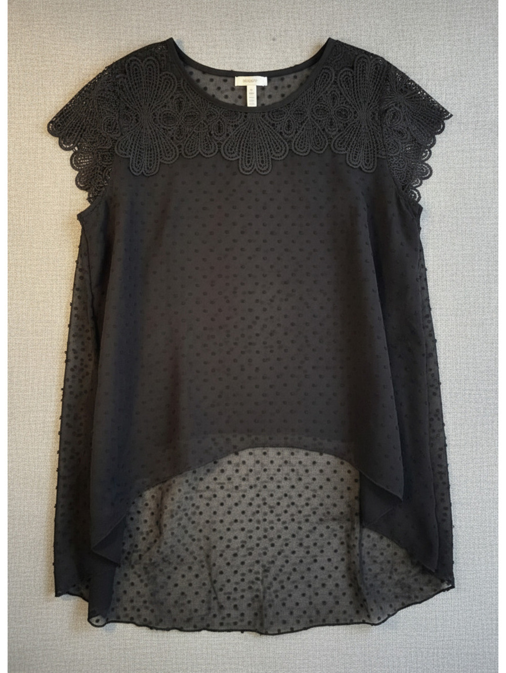 Cha Cha Vente Black Sheer Polka Dot Blouse with Lace Detail Size 1X